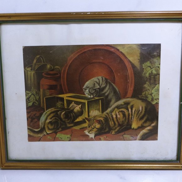 Vintage Etching Print 3 Cats And Mouse Cage Framed & Matted 10 x 8"